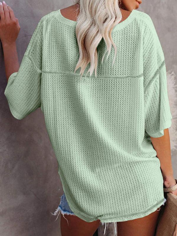 Women's V Neck Loose Sleeve Waffle Knit T-Shirt