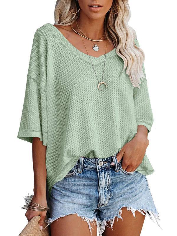 Women's V Neck Loose Sleeve Waffle Knit T-Shirt