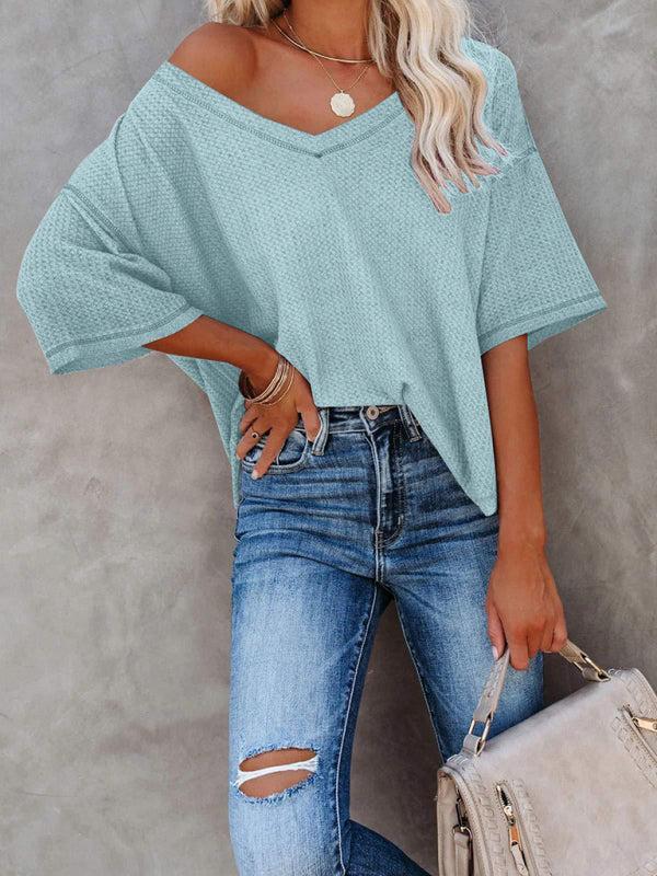 Women's V Neck Loose Sleeve Waffle Knit T-Shirt
