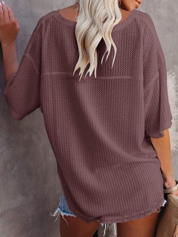 Women's V Neck Loose Sleeve Waffle Knit T-Shirt