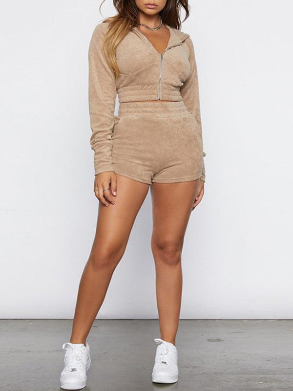 Women's Velour Crop Zip Up Hoodie and Matching Shorts Loungewear Set