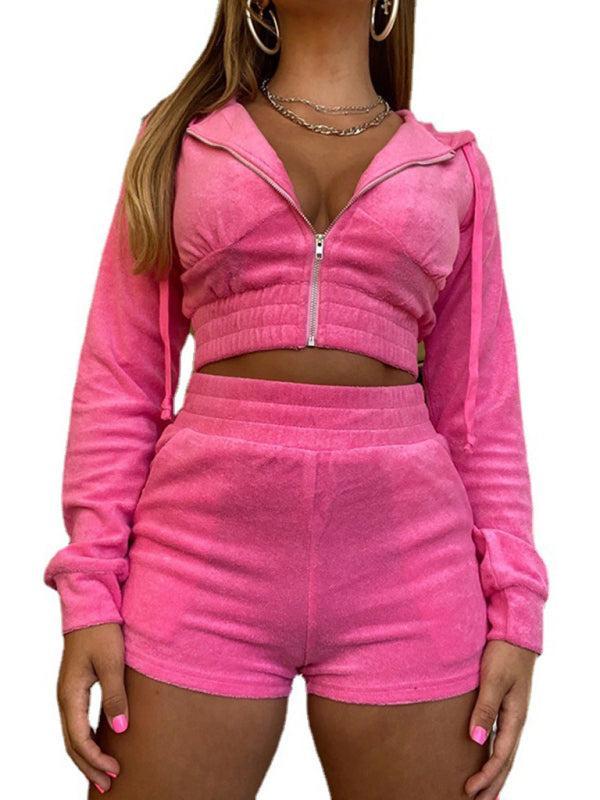 Women's Velour Crop Zip Up Hoodie and Matching Shorts Loungewear Set