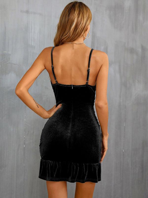 Women’s Velvet Ruffled Hem Sweetheart Neckline Mini Dress With Decorative Buttons