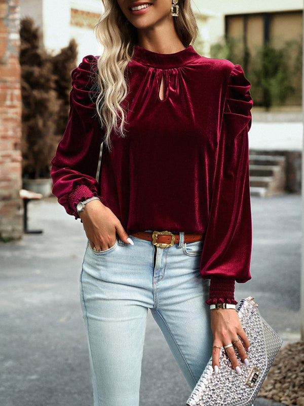 Women's Velvet Turtleneck Bow Puff Sleeve Top – Lotus Corner