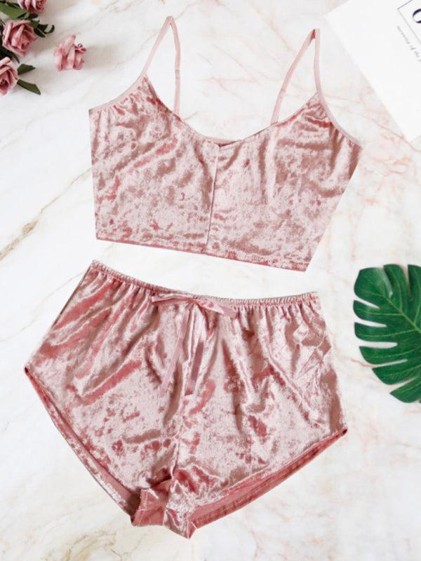 Women's Velvet V-Neck Two Piece Luxurious Lingerie Loungewear Set