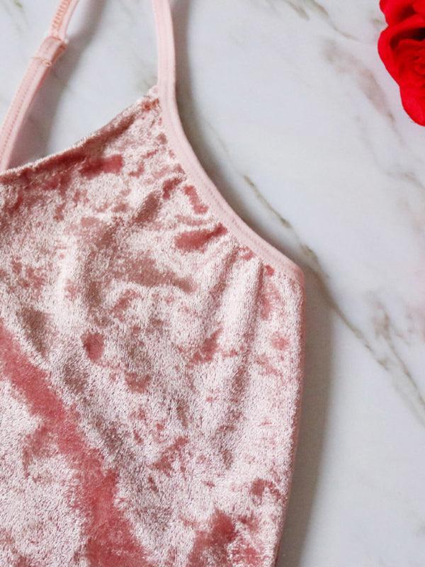 Women's Velvet V-Neck Two Piece Luxurious Lingerie Loungewear Set