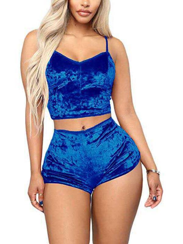 Women's Velvet V-Neck Two Piece Luxurious Lingerie Loungewear Set