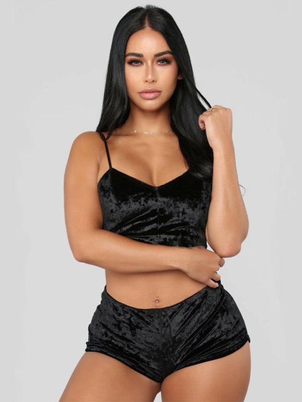 Women's Velvet V-Neck Two Piece Luxurious Lingerie Loungewear Set