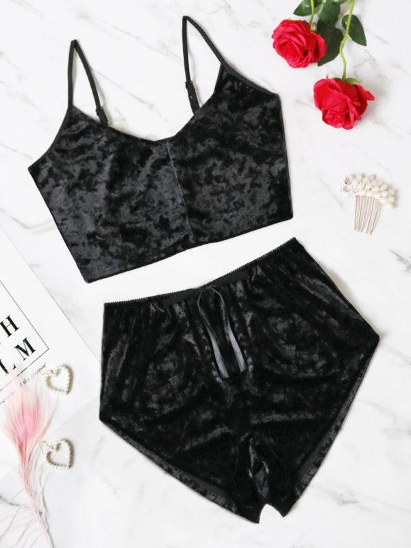 Women's Velvet V-Neck Two Piece Luxurious Lingerie Loungewear Set
