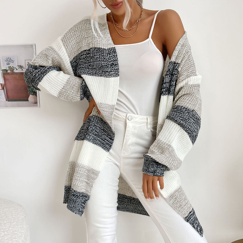 Women's Open Front Thick Stripe Longline Cardigan