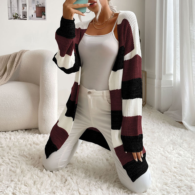 Women's Open Front Thick Stripe Longline Cardigan