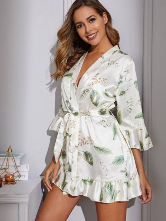 Women's Foliage Design Belted Short Dressing Gown