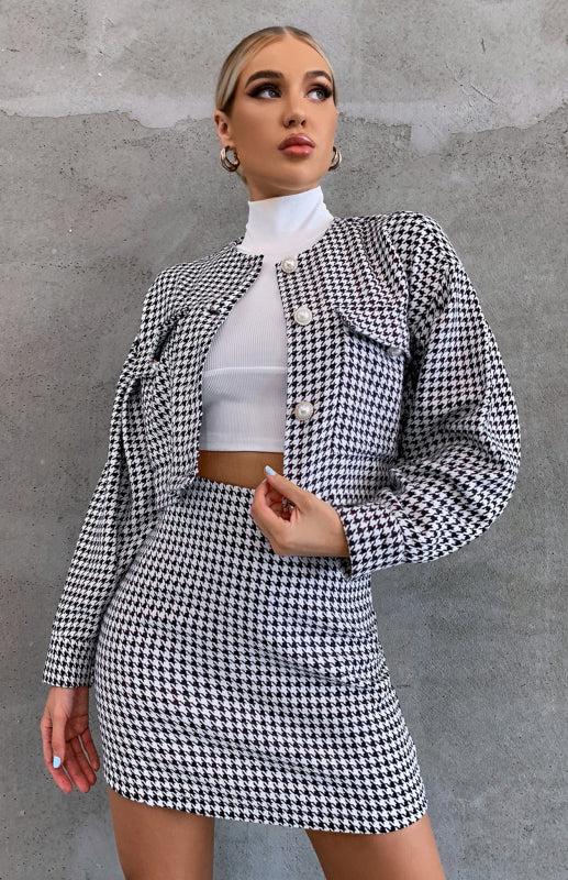 Women's Dogtooth Print Mini Skirt And Short Blazer Matching Set