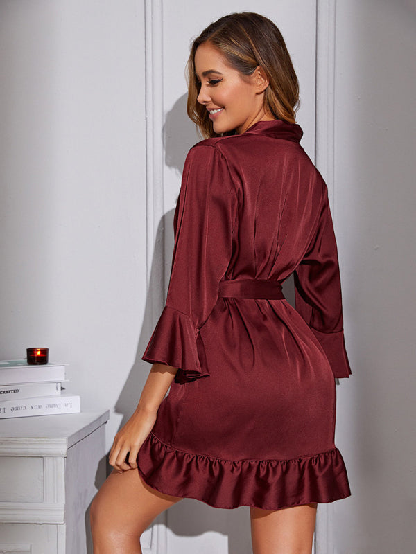 Women's Belted Short Dressing Gown With Frill Sleeve Design