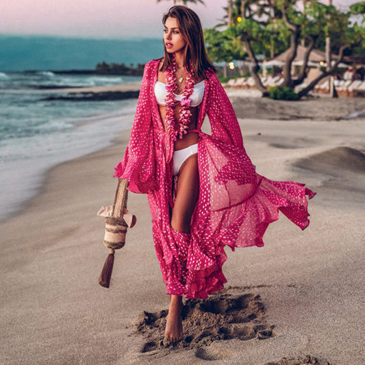 Women's Pink Long Length Chiffon Beach Kimono