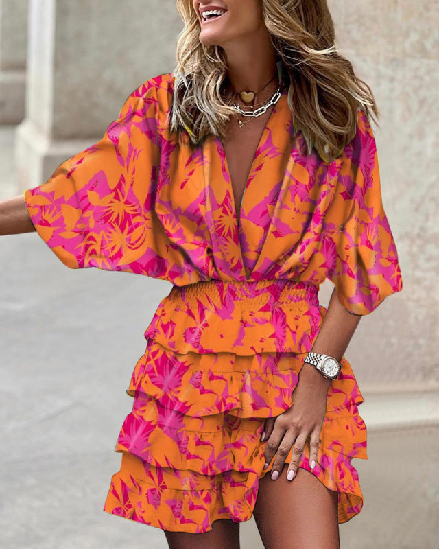 Women's Dolman Sleeve V-Neck Vibrant Print Ruffle Dress