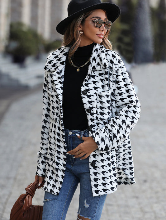 Women's Dogtooth Print Button Up Jacket