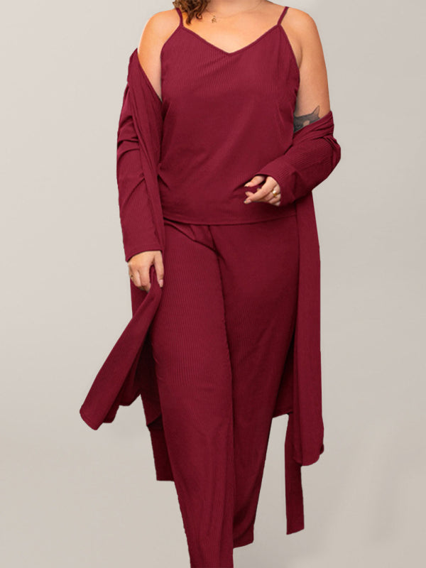 Women s Plus Size Three Piece Loungewear Set Including Strap Top Flowy Bottoms and Cardigan