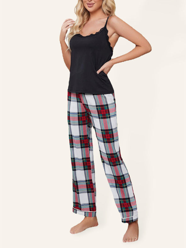 Women's Camisole Top With Frill And Plaid Trousers Loungewear Set
