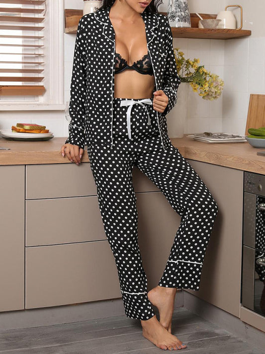Women's Polka Dot Long Sleeve Button Top And Trousers Loungewear Set