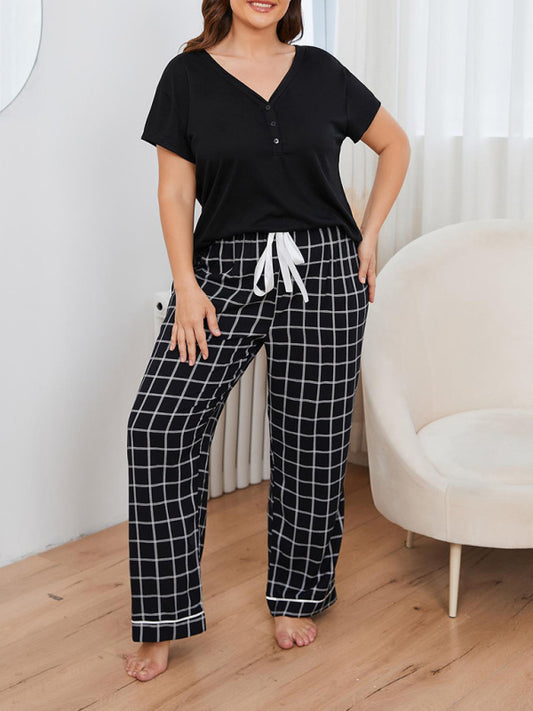 Women's Plus Size V-Neck Short Sleeved T-Shirt And Plaid Trousers Loungewear Set