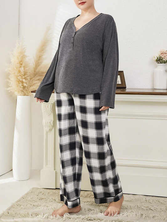 Women's Plus Size V-Neck Long Sleeved T-Shirt And Plaid Trousers Loungewear Set