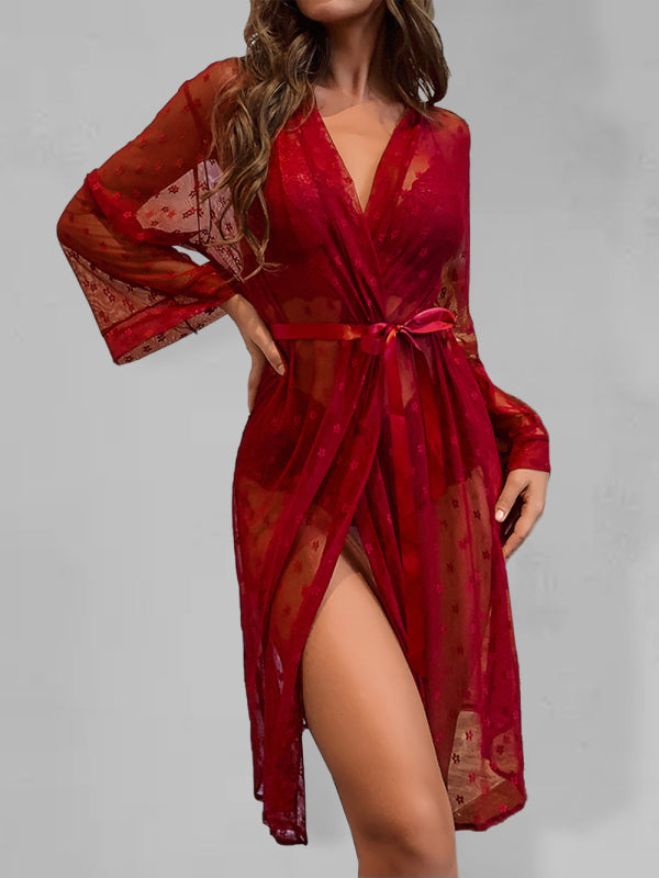 Women's Sexy Mesh Dressing Gown With Matching Lace Bra And Pants