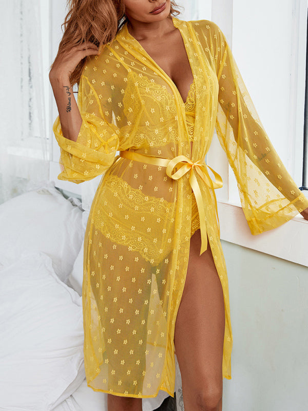 Women's Sexy Mesh Dressing Gown With Matching Lace Bra And Pants
