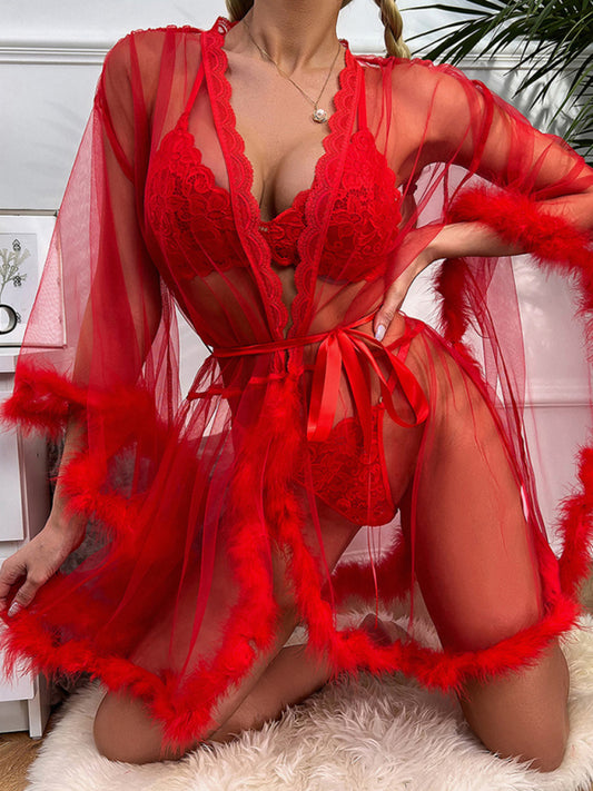 Women's Sexy See Through Mesh Feather Trim Lingerie Gown