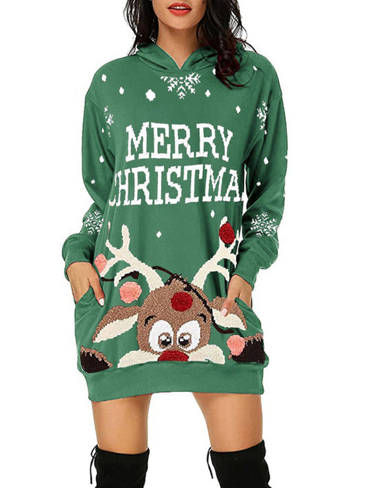Women's Reindeer Print Mid Length Hooded Christmas Sweater Dress
