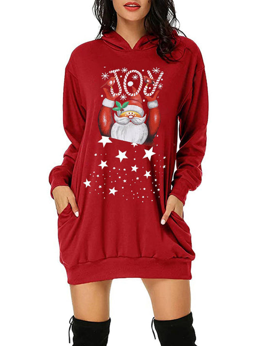 Women's Santa Print Mid Length Hooded Sweater Christmas Dress