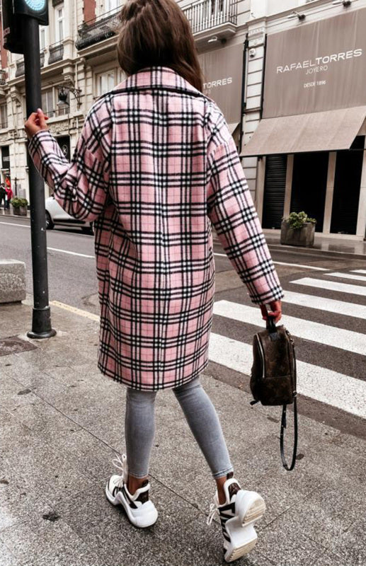 Women’s Long Length Plaid Print Coat With Collared Neckline And Button Front