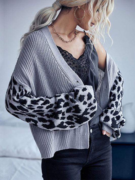 Women’s Grey Button Front Cardigan With Leopard Print Sleeves