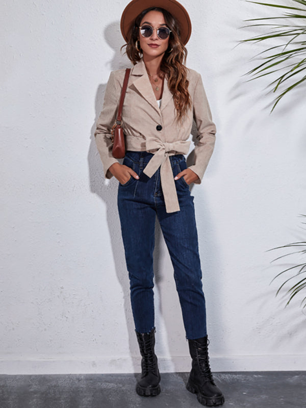 Women's Short Length Corduroy Jacket With Belt