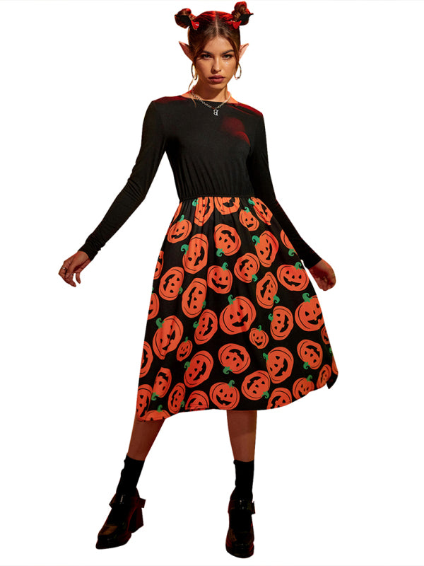 Women's Halloween Pumpkin Print Long Sleeve Swing Dress