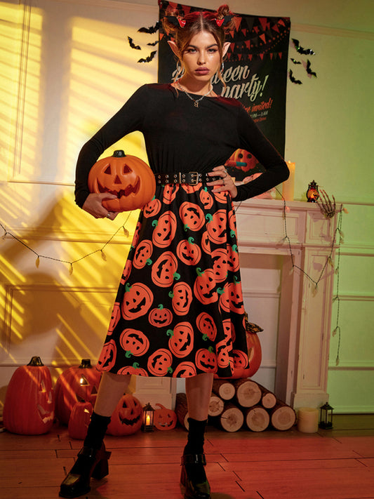 Women's Halloween Pumpkin Print Long Sleeve Swing Dress