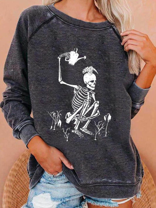 Women's Halloween Skeleton Print Distressed Sweatshirt