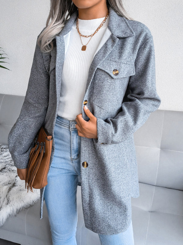Women's Single Breasted Woolen Button Up Coat With Belt