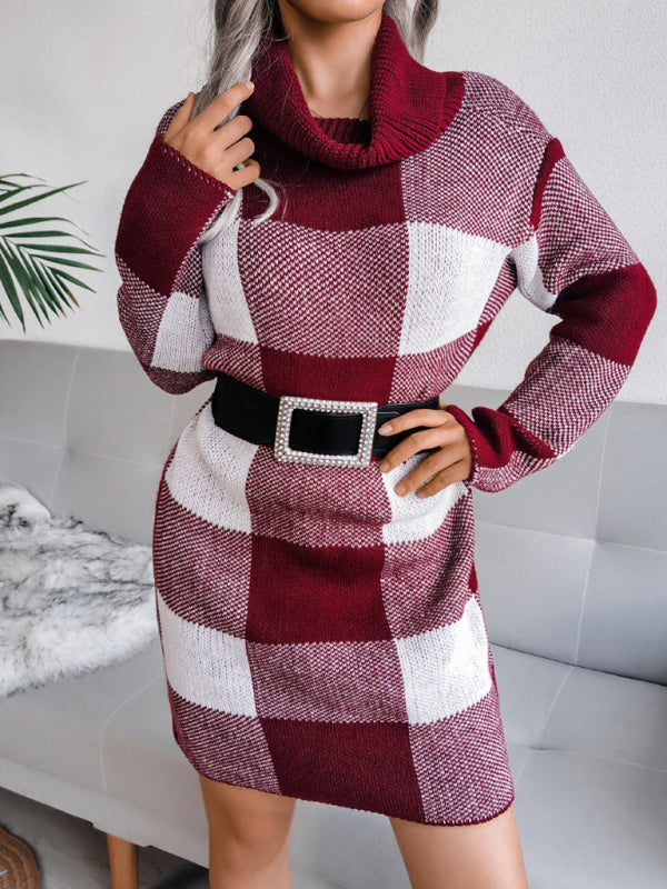 Women s Plaid Print Cowl Neck Knitted Dress Lotus Corner