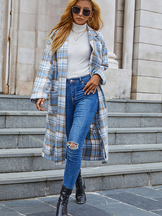 Woman's Blue And White Plaid Print Trench Coat With Pockets