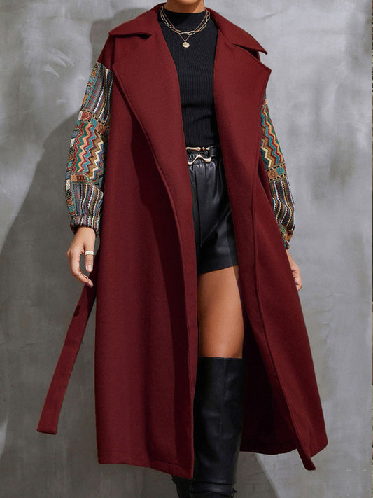 Women’s Long Length Collared Overcoat With Patchwork Sleeves And Front Waist Tie Belt