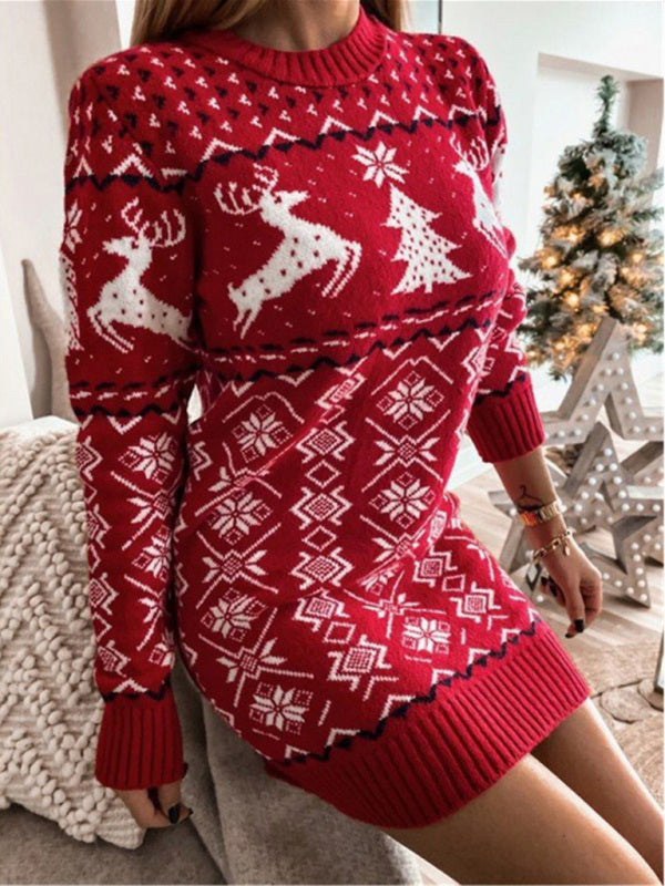 Women s Fitted Christmas Print Jumper Dress Lotus Corner