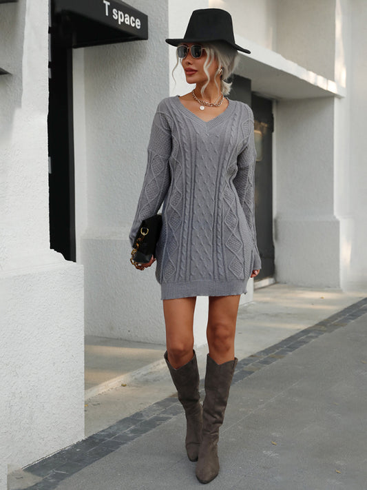 Women’s V-Neck Textured Short Knit Dress With Long Sleeves