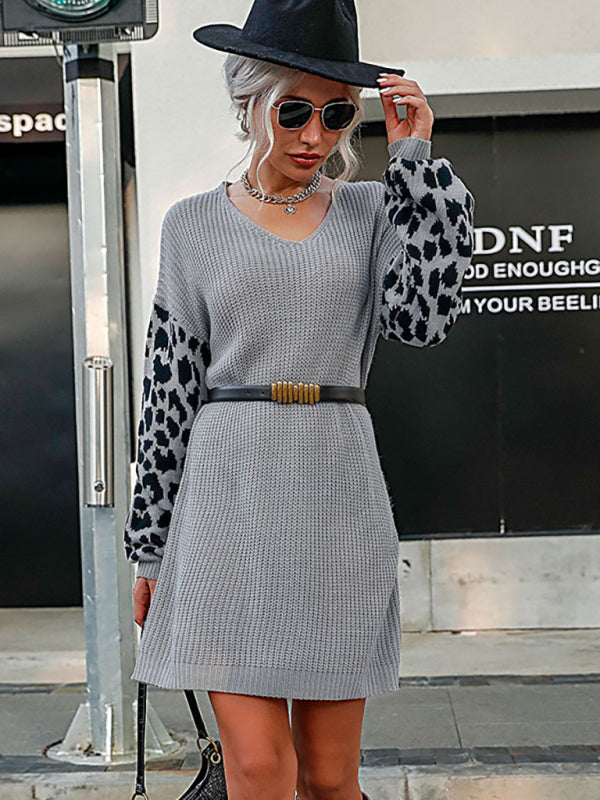 Women’s Loose Fit Ribbed Knit Short Dress With Leopard Print Sleeves