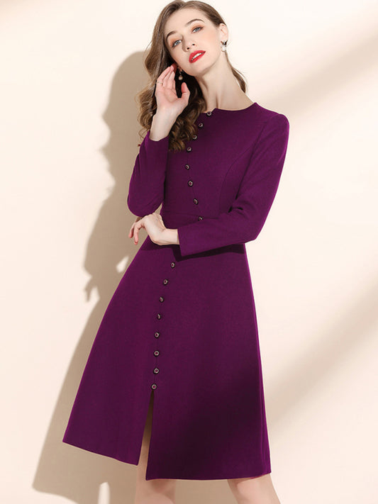 Womens Crew Neck Long Sleeved Button Front Midi Dress