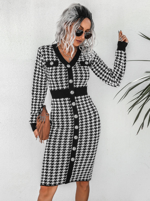 Womens Button Up Bodycon Retro Checkered Knit Dress With Long Sleeves Lotus Corner