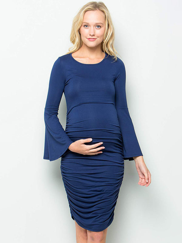 Women’s Maternity Side Ruched Midi Dress With Bell Style Sleeves