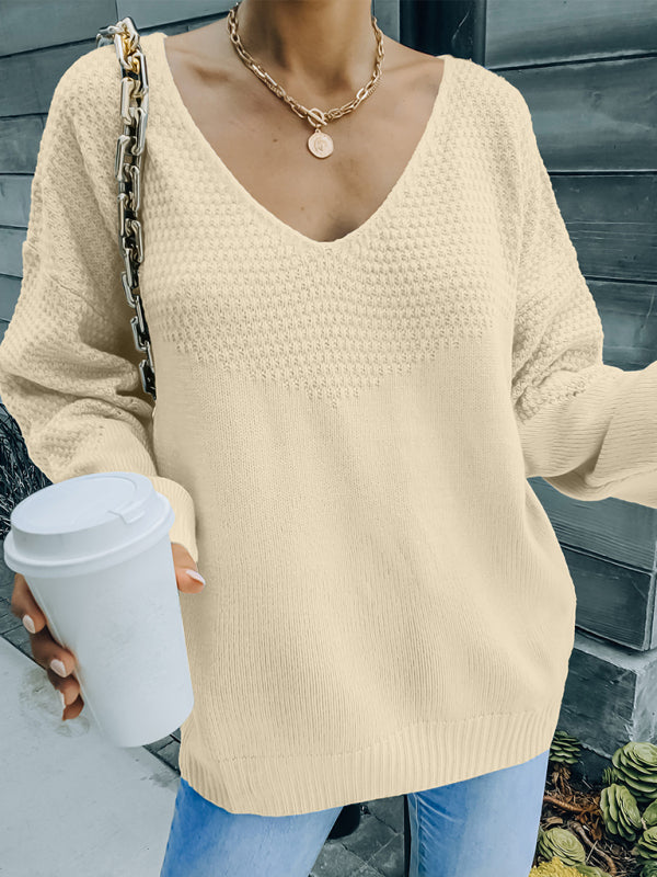 Women's V-Neck Loose Fit Textured Casual Jumper