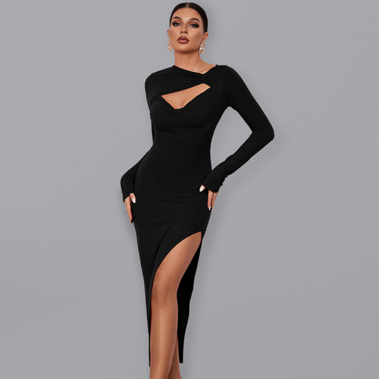 Women’s Long Sleeved Angled Neckline Dress With Front Cutouts And Leg Slit