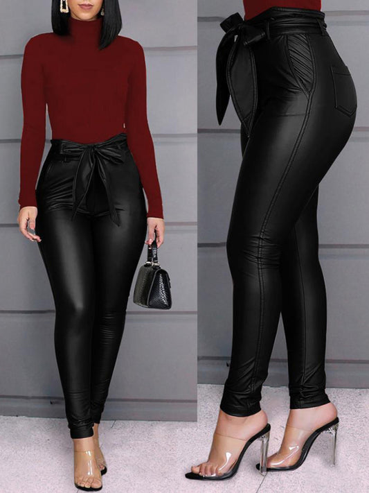 Women’s Faux Leather Tie Belt Fitted Trousers